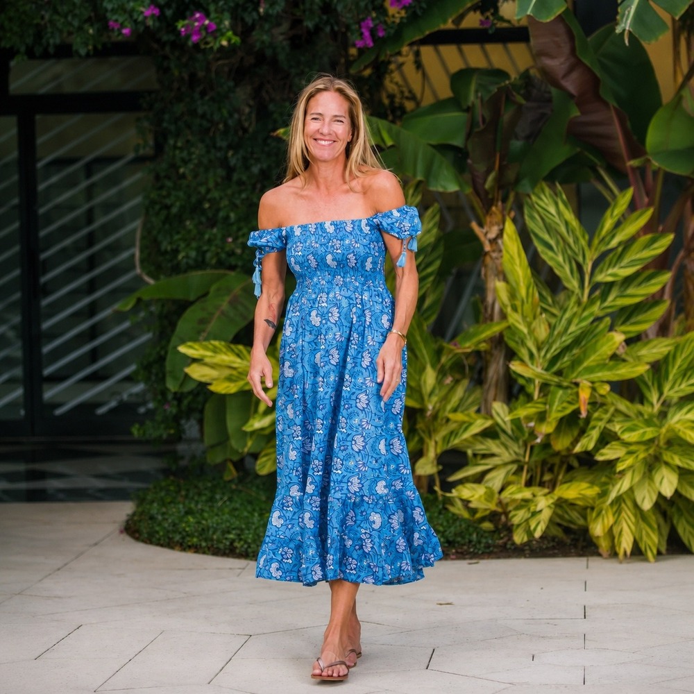 Perry Walker Collective Blue Floral Smocked Midi Dress Cottagecore Boho Size M